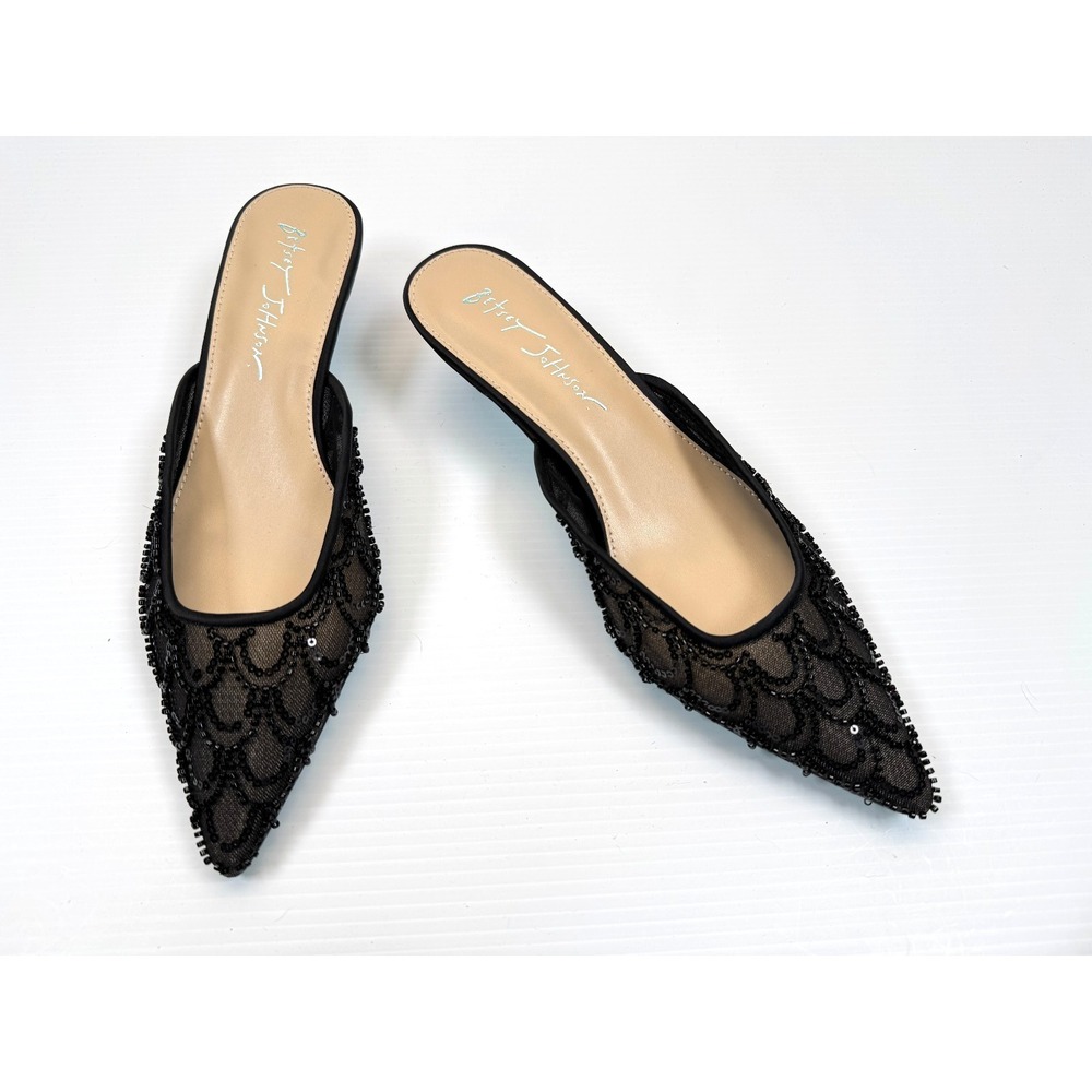 Betsey Johnson Ellis Sequin Mesh Mules Women 7.5 M‎ NWOT Scalloped Kitten Heel